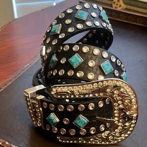 Rand New Studded Black Belt with Turquoise Accents